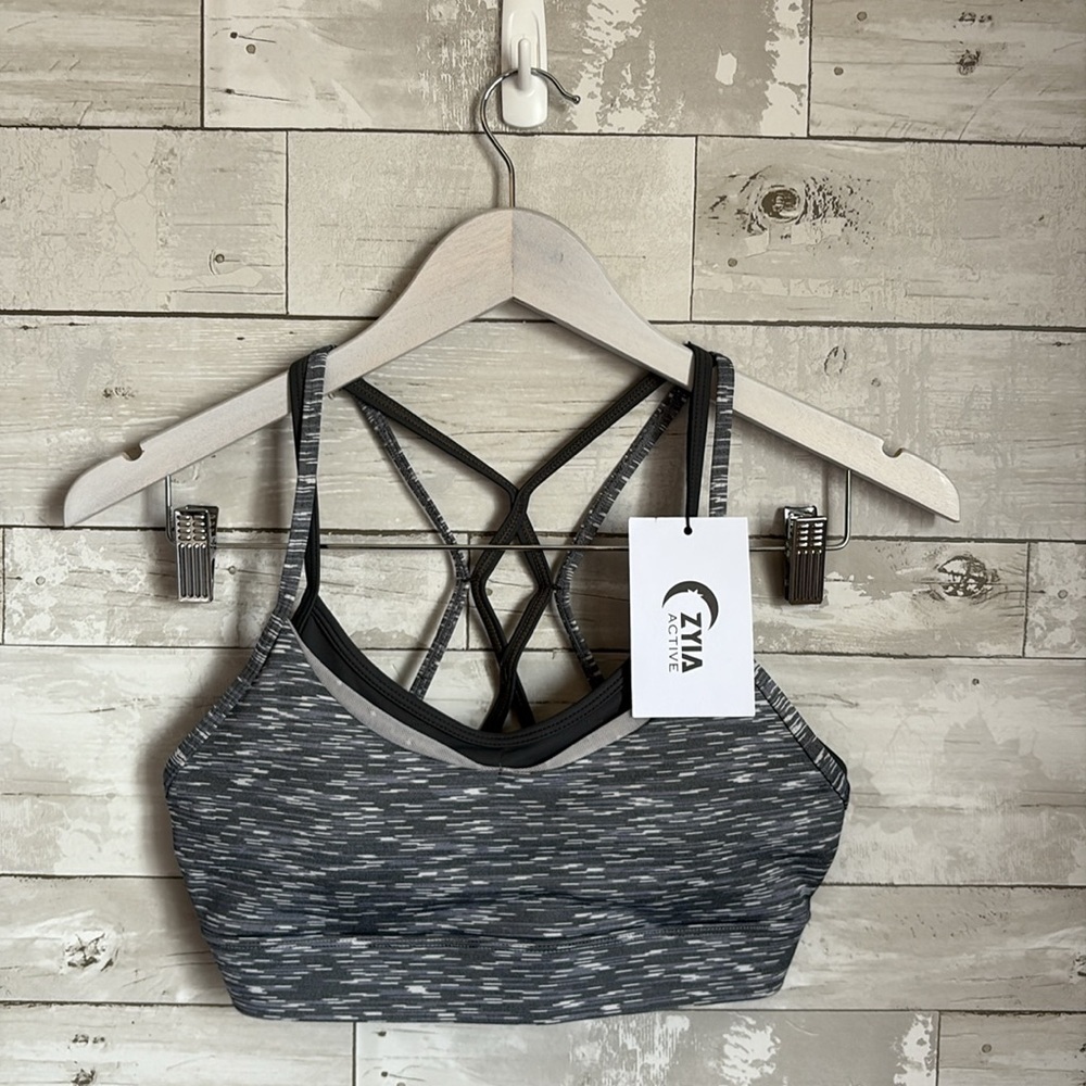 NWT ZYIA ACTIVE Grey & Sage Luxe Strappy Women's Sports Bra